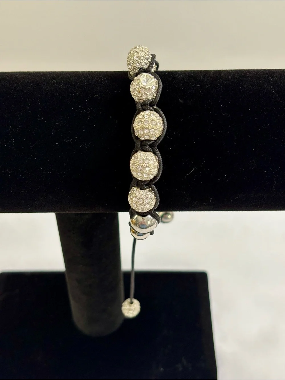 Vintage Macrame Shamballa  Pave Crystal Bead Bracelet in Silver tone and Black